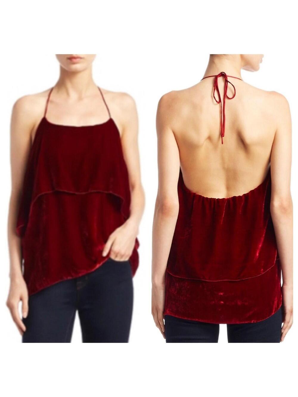 NWT Alice + Olivia Marybeth Ruby Red‎ Velvet Silk Layered Halter Top Size Medium